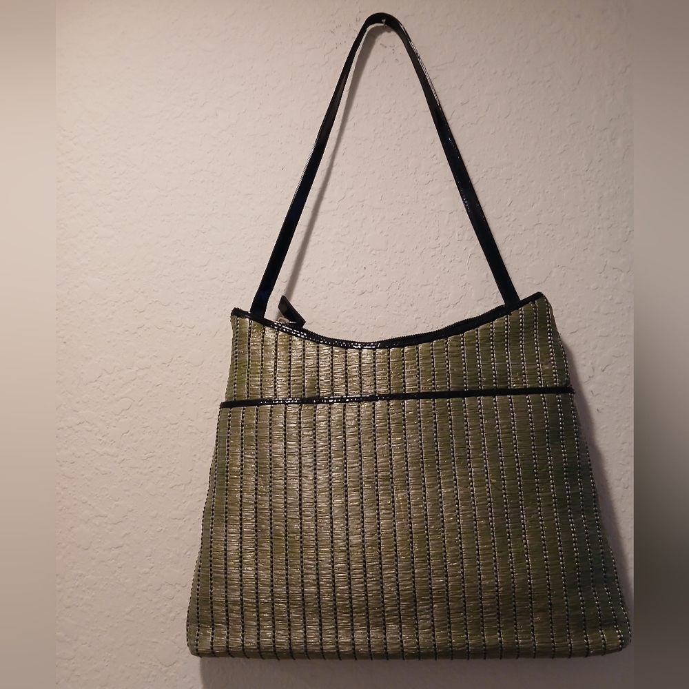 Apostrophe Elegant Green And Black Woven Shoulder Bag.